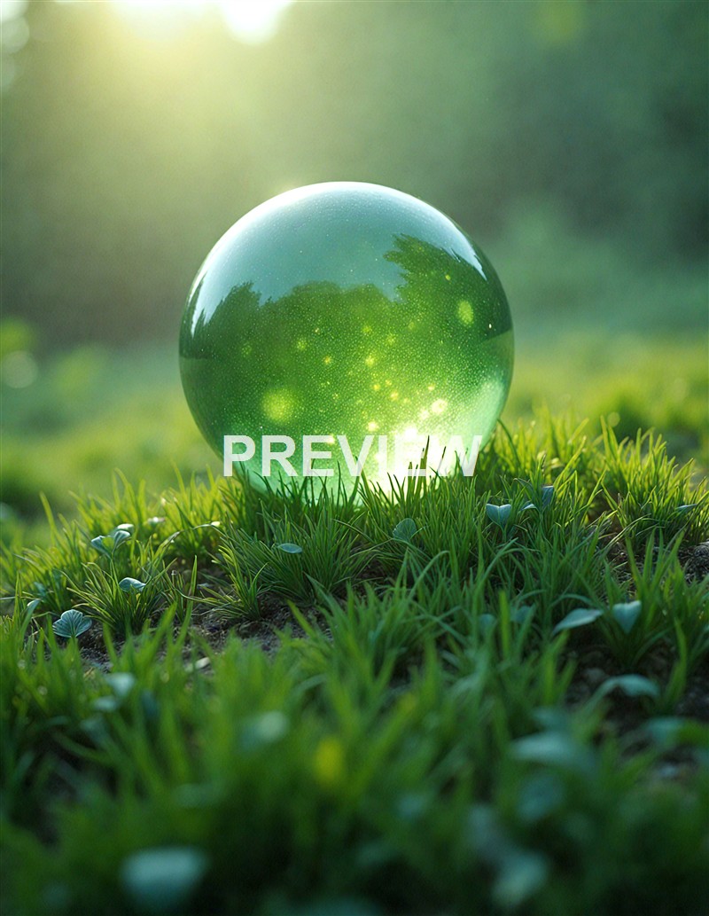 A clear, reflective green glass sphere resting on lush green grass with a blurred natural background and sunlight filtering through.